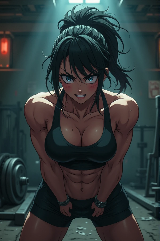 masterpiece, best quality, anime 1990s \(style\, leona heidern, sport bra, short, desert, army, cammo. pony tail, wet, serious, soldier.