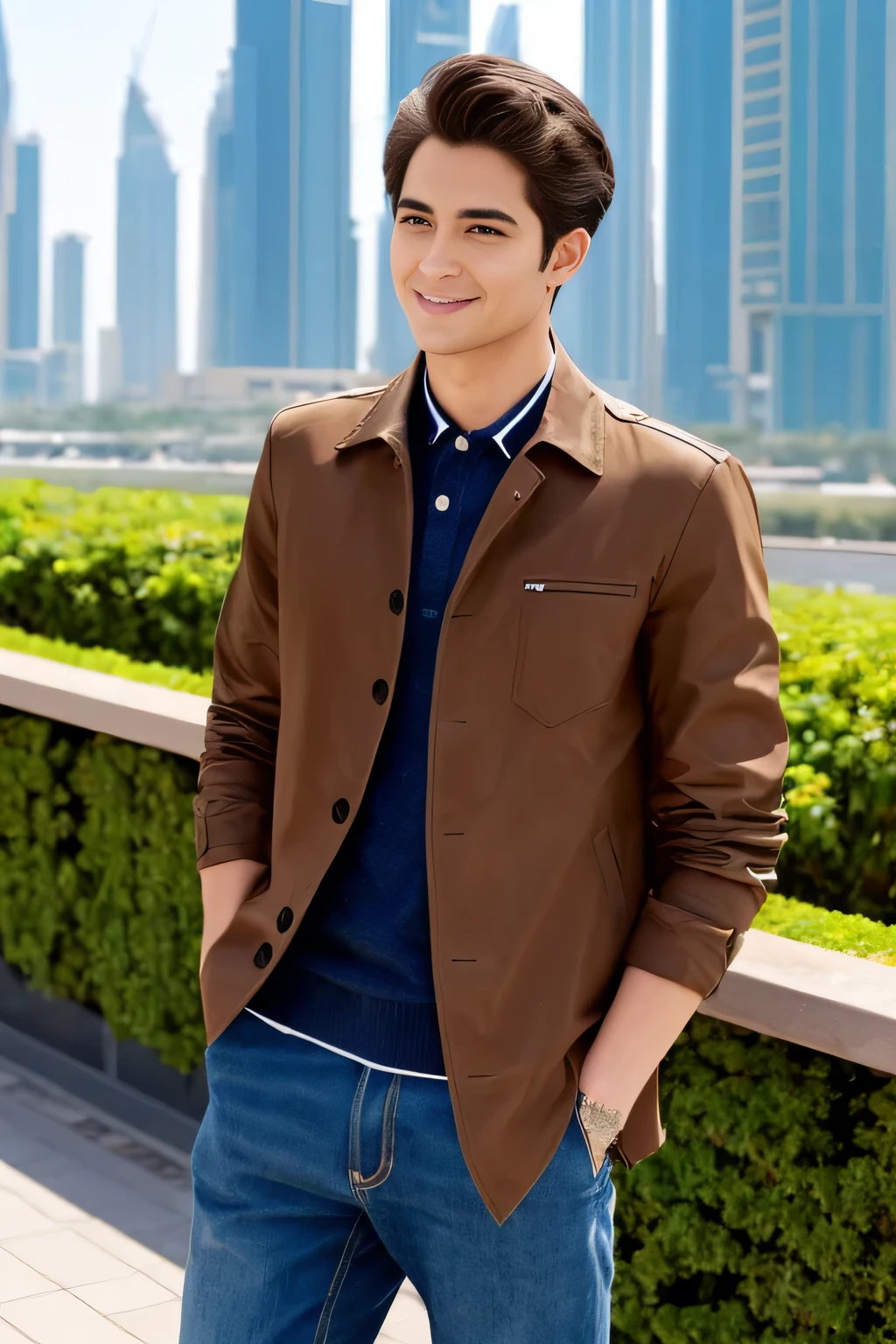 Age 25々Cool guy、What it's like to be a model、Chic and casual clothing、Delicate face、good looking、The hair color is brown、Brown eyes、Daytime on a sunny day、Cool standing figure、The scenery in the background is a cityscape、Live-action shooting style、high quality 8k、Bright smile、Like a model、Downtown Dubai、