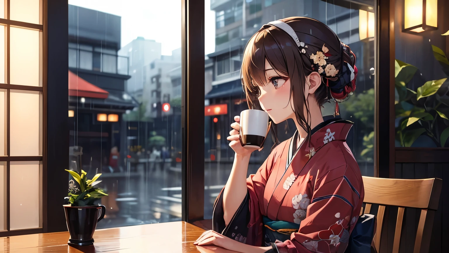 A beautiful woman in a kimono enjoying coffee and listening to music in a coffee shop、Rain outside the window
