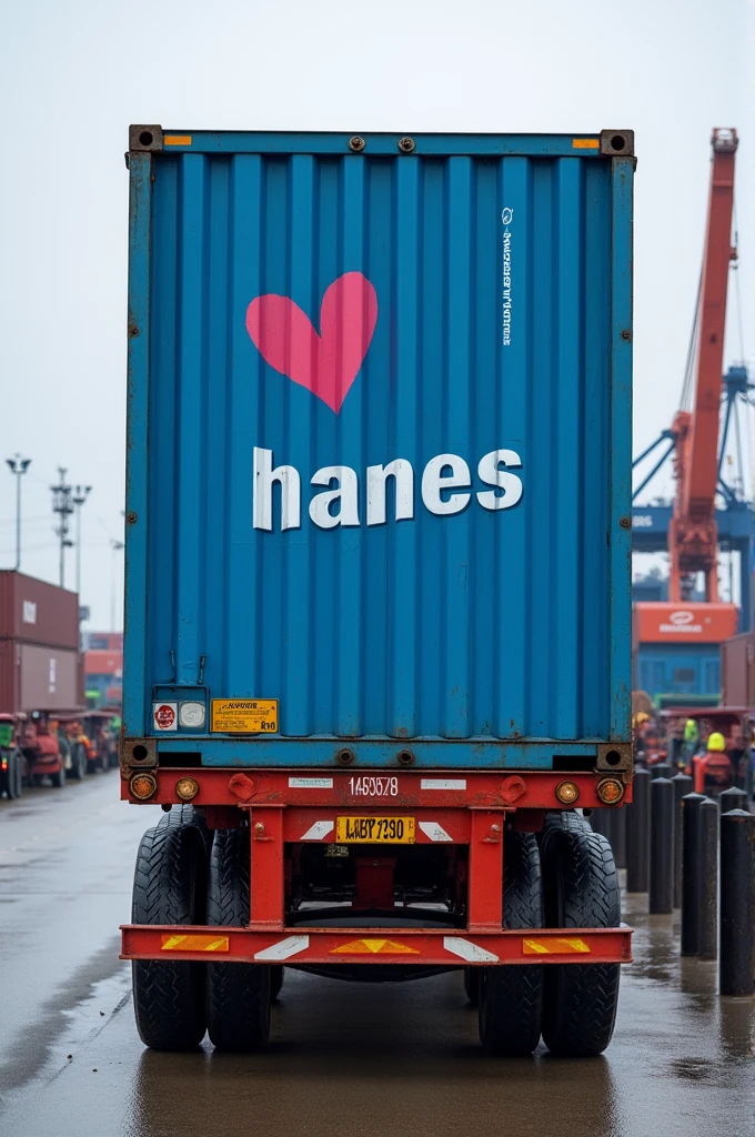 A trailer with a container from the Seabord company in blue and with the word HANES with a heart