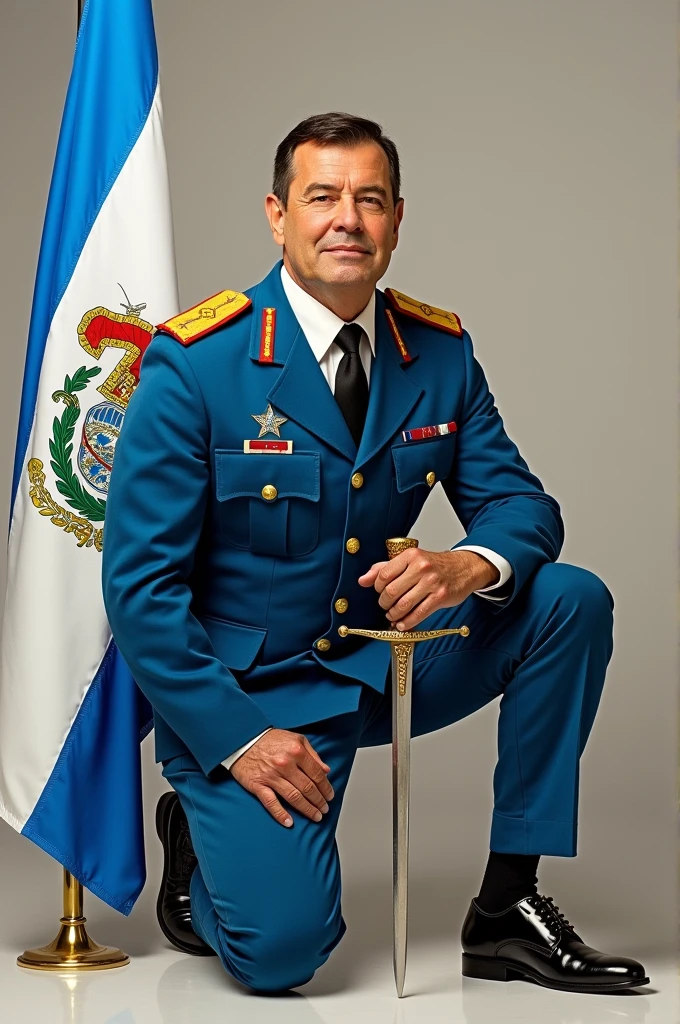 Former Paraguayan President Francisco Solano López in his signature blue uniform kneeling with one leg bent, Holding in his right hand his thin combat sword and in his left hand the flag of Paraguay