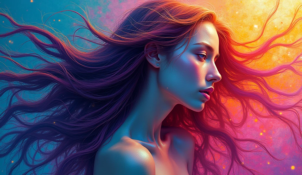 Painting of a woman with long hair and colored hair, beautiful digital illustration, stunning digital illustration, beautiful digital art, A beautiful artistic illustration, beautiful digital art, beautiful digital art, beautiful digital illustrations, complex digital painting, very beautiful digital art, vibrant digital painting, beautiful beautiful digital art, Psychedelic long flowing hair, color digital painting, inspiring digital art, stylized digital art