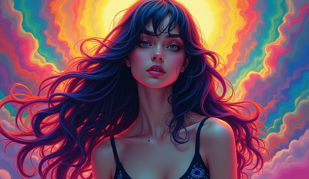 Painting of a woman with long hair and colored hair, beautiful digital illustration, stunning digital illustration, beautiful digital art, A beautiful artistic illustration, beautiful digital art, beautiful digital art, beautiful digital illustrations, complex digital painting, very beautiful digital art, vibrant digital painting, beautiful beautiful digital art, Psychedelic long flowing hair, color digital painting, inspiring digital art, stylized digital art