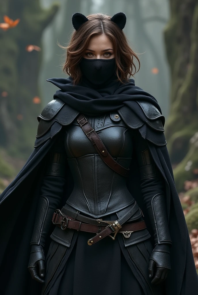 Girl with short brown hair, golden eyes, wearing a black bear mask, wearing black armor with a cape and hood, carrying two curved swords at her waist