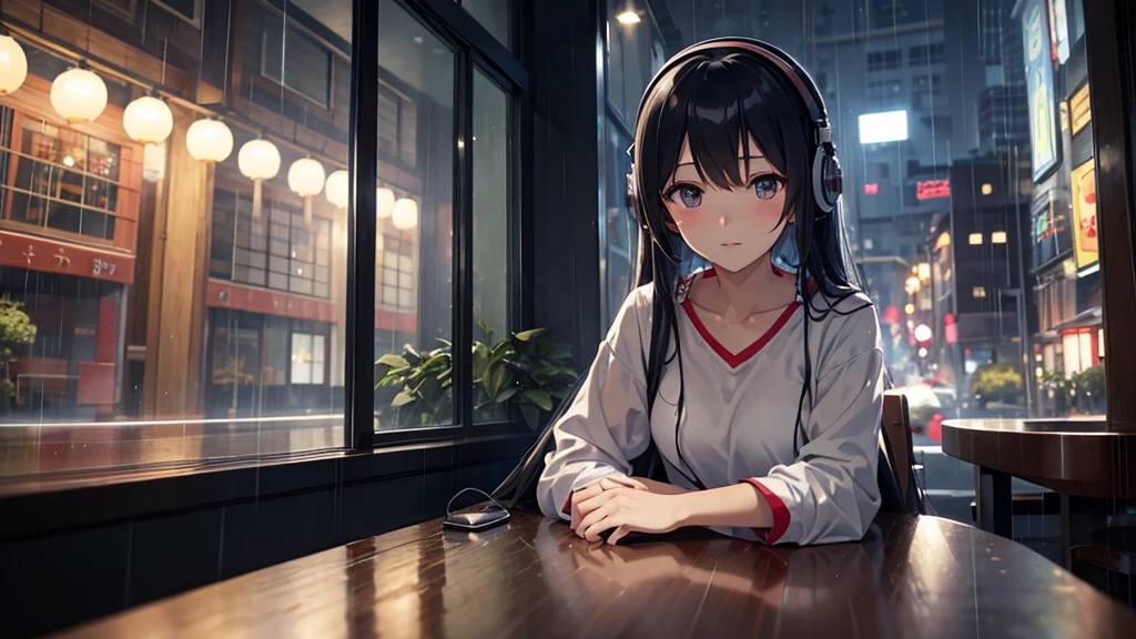 "Draw a Japanese girl in anime style, sitting in a café with headphones on. Rain falls outside the window, creating a cozy atmosphere. She has a gentle expression, with soft lighting."