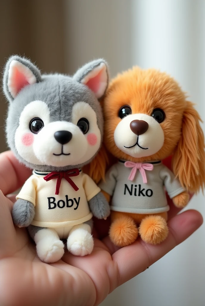 Produk desain,mini plushie,   a husky With grey color , and a Golden retriever ,There is the word Boby written on the  T-shirt  of the Husky, and the word Niko written on the T-shirt of the golden retriever, the writing is made of embroidery,  The material is made of fur doll  from the Miniso brand, kawaii design,  ribbons around their necks, The brand's eyes are made of black amigurumi eyes, and the nose is black, the cat's whiskers are made of black thread ,Head size is larger than body, Product photo with plushie in the palm of the hand 