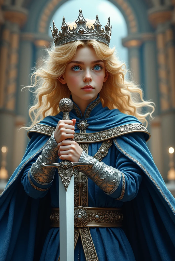 Make an 1 blonde, Wavy hair, light blue eyes, Prince. Blue clothes and silver crown. He with a sword.