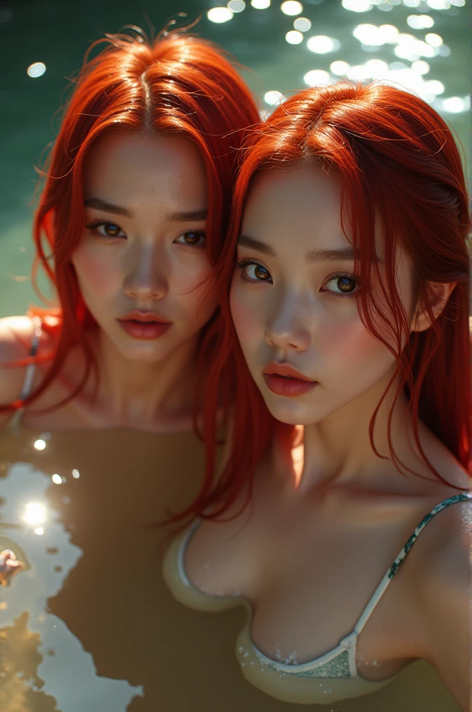 Close up portrait of Blackpink&#39;s Jisoo,jennie the blackpink, redhead(gldot) bathe in a river, of, (backlighting), realist, masterpiece, of the highest quality, Lens flare, shadow, bloom, [[chromatic aberration]], by Jeremy Lipking, by Antonio J. Manzanedo, Digital paint,