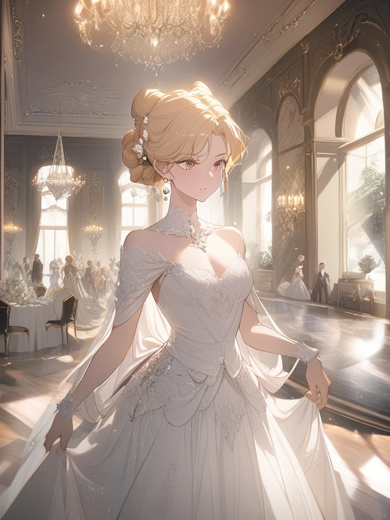 Beautiful aristocratic woman of victorian era, Europe in the 18th century, blond,Exquisite high bun braid hairstyle, curls, elegant ballroom dress, Standing in the luxurious banquet hall, Delicate and meticulous, 8K, Reality, Dramatic Lighting, high quality, Complex design, classical portrait