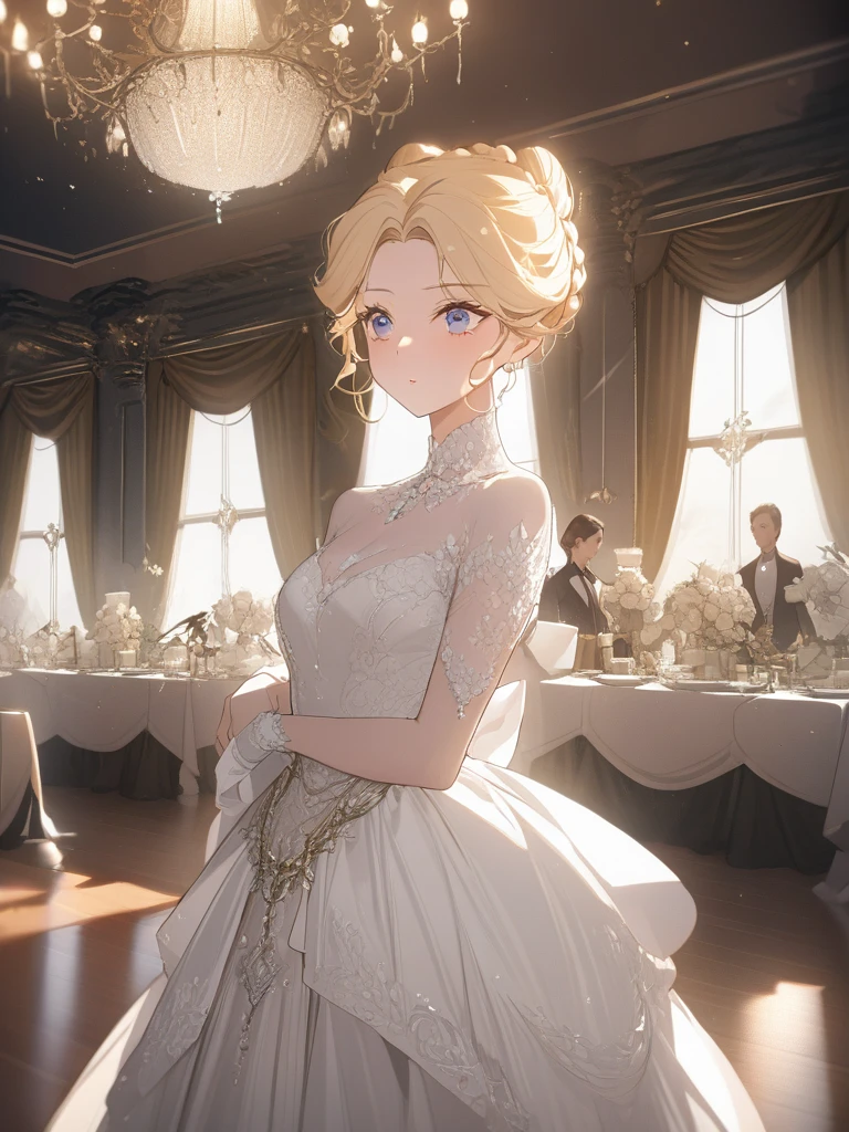 Beautiful aristocratic woman of victorian era, Europe in the 18th century, blond,Exquisite high bun braid hairstyle, curls, elegant ballroom dress, Standing in the luxurious banquet hall, Delicate and meticulous, 8K, Reality, Dramatic Lighting, high quality, Complex design, classical portrait