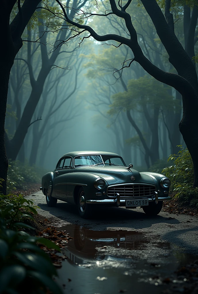 classic car in a dark forest 