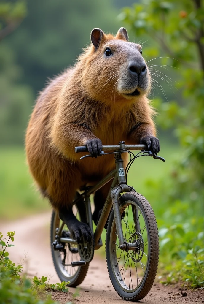 A capybara riding a bicycle along the Ibera wetlands trail in Corrientes ,Argentina but with a side view of the capybara