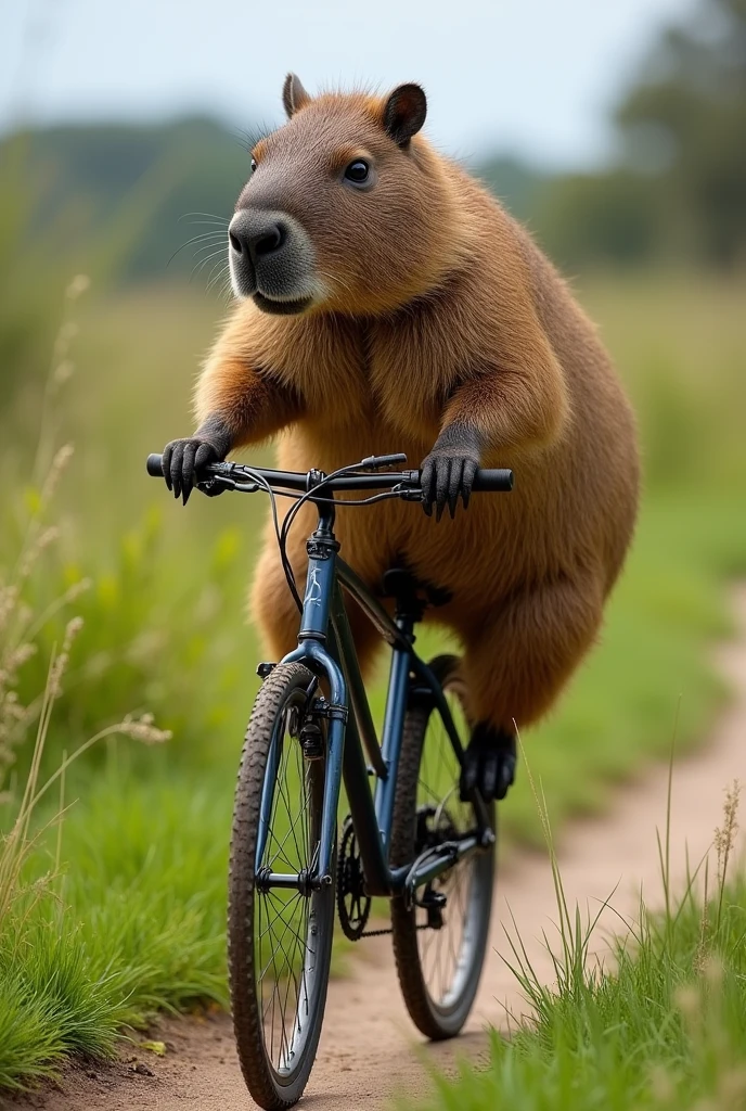 A capybara riding a bicycle along the Ibera wetlands trail in Corrientes ,Argentina but with a side view of the capybara