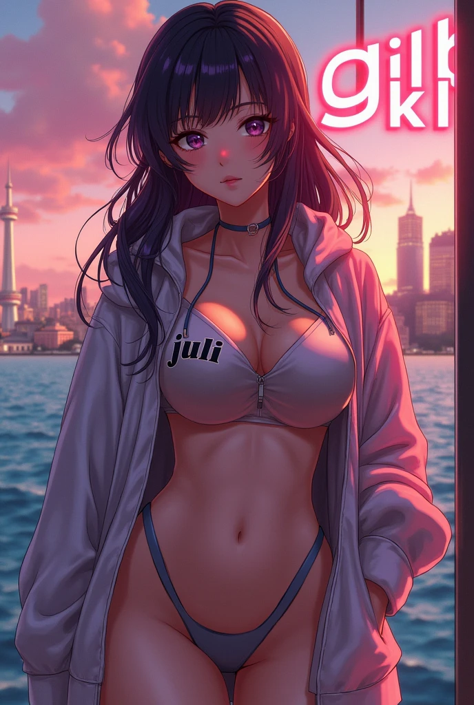 Create anime character;
{background: capital HD text: “GLBK” in right-top, sea}, tanned skin,
realistic, HDR, beautiful, korean style, full body, age 20, hoodie HD text: “JULI”, female, gradient hair, long hair, open breast, sexy body, big boobs