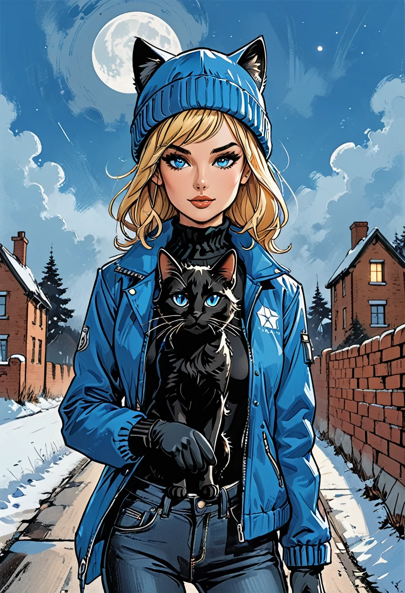 night, black cat, moon, glowing eyes, the cat drinks milk on the road, ((high brick fence)), bottom view, tropics, clouds,  fullbody ((profile)) ((girl in Blue zipped up down winter jacket and black turtleneck )) and (((jeans))) and blue gloves and (((blue winter hat)))) ((petting a black cat on the head)) on the road with brick fence, adult, [Nordic], Hourglass elongated fitness body, perfect Olive skin, Oval Face, Long neck, Rounded shoulders, perfect hand, Attached Pointed ears, round forehead, (Short blonde Waves pixie hair), snub nose, Arched eyebrows, ((Monolid blue Eyes)), High Round Narrow cheekbones, Dimpled Cheeks, Rounded Chin, Rounded Jawline, Full nude Lips, (blue eyes), Nude Makeup Look, long eyelashes, long slim fitness legs, graphic style of novel comics, perfect hands, 2d, 8k, hyperrealism, masterpiece, high resolution, best quality, ultra-detailed, super realistic, Hyperrealistic art, high-quality, ultra high res, highest detailed, lot of details, Extremely high-resolution details, incredibly lifelike, colourful, soft cinematic light,