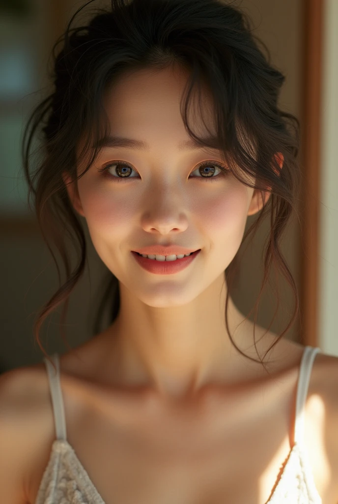 Japanese Model, Cute Smile, Yasumoto Oka, Provocative,((Beautiful Skin)),((Skin Texture)),((Real Touch)), healthy skin, forward bend posture, Observe the audience, woman, wearing a T-shirt, Super detailed face, Casual Hair:1.2, Delicate eyes, double eyelid, Photorealistic, High quality, Ultra-realistic, masterpiece, Highest quality, Super detailed, Cheerful, Happiness, Shadow, Skin Texture Film Grain:1.3, Warm colors, Warm Tones:1.2, Close-up, Ultra-high resolution, Kodak Vision 3, Natural Eye, Highest quality,8k, masterpiece:1.3, Upper Body