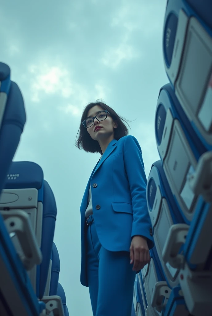 Airplane seat standing out with a lady in a blue jacket and glasses, low-angle view of a dizzying fall through the clouds.