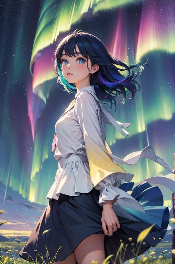 Aurora Starry Sky Rainbow Hair Girl Upper Body Grassland Flower