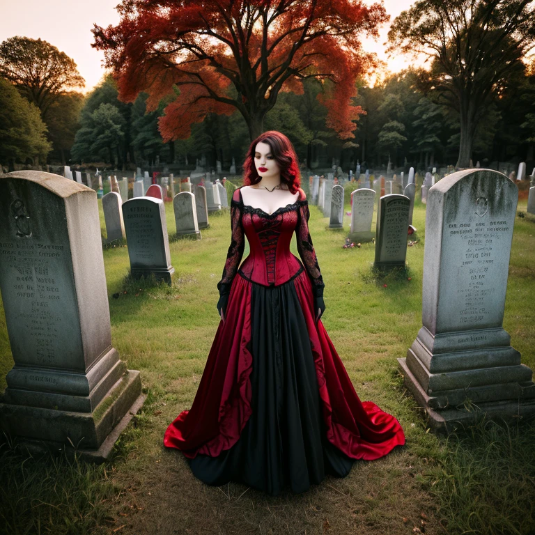 A woman dressed in red and black in a cemetery with old, fallen tombstones, her outfit is a voluminous dress with black lace and red satin her blouse is a red and black corset style 