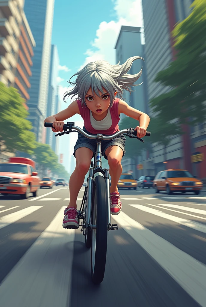 Image of a girl with grey hair trying not to fall off her bike during a race in the city