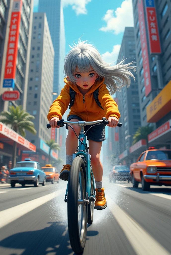 Image of a girl with grey hair trying not to fall off her bike during a race in the city 