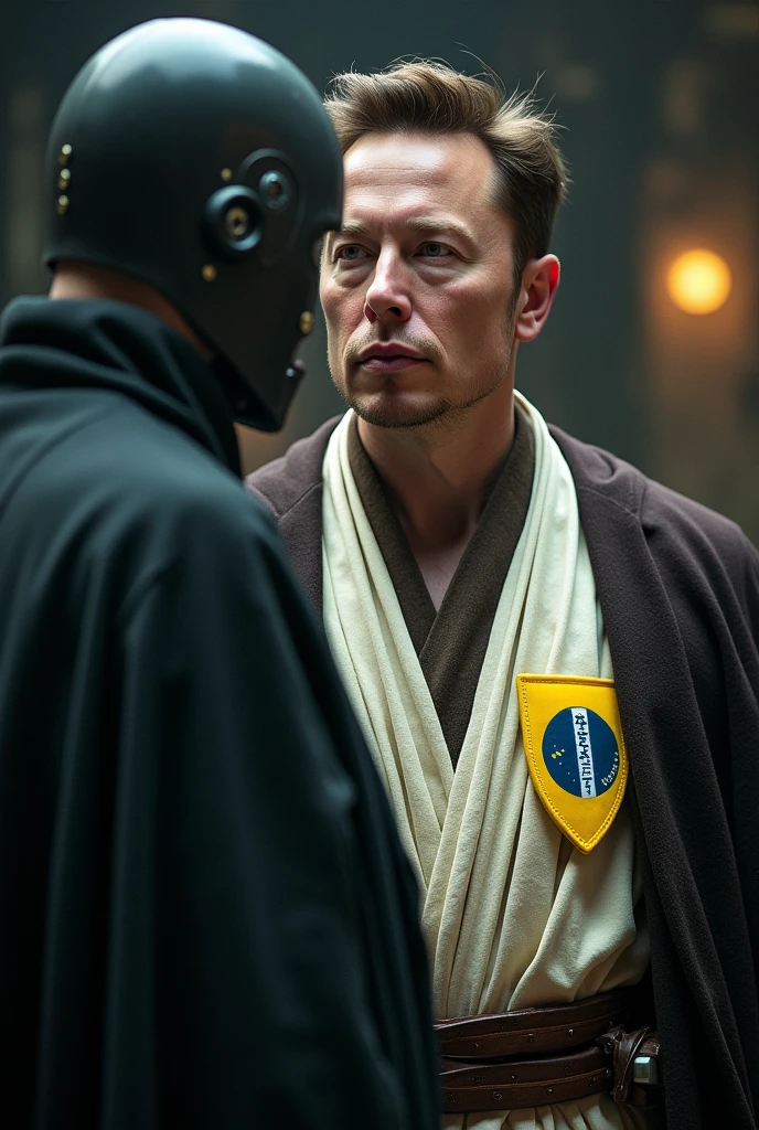 Create an image with Elon Musk&#39;s Obi Star Wars outfit with Brazil patch facing Voldemort