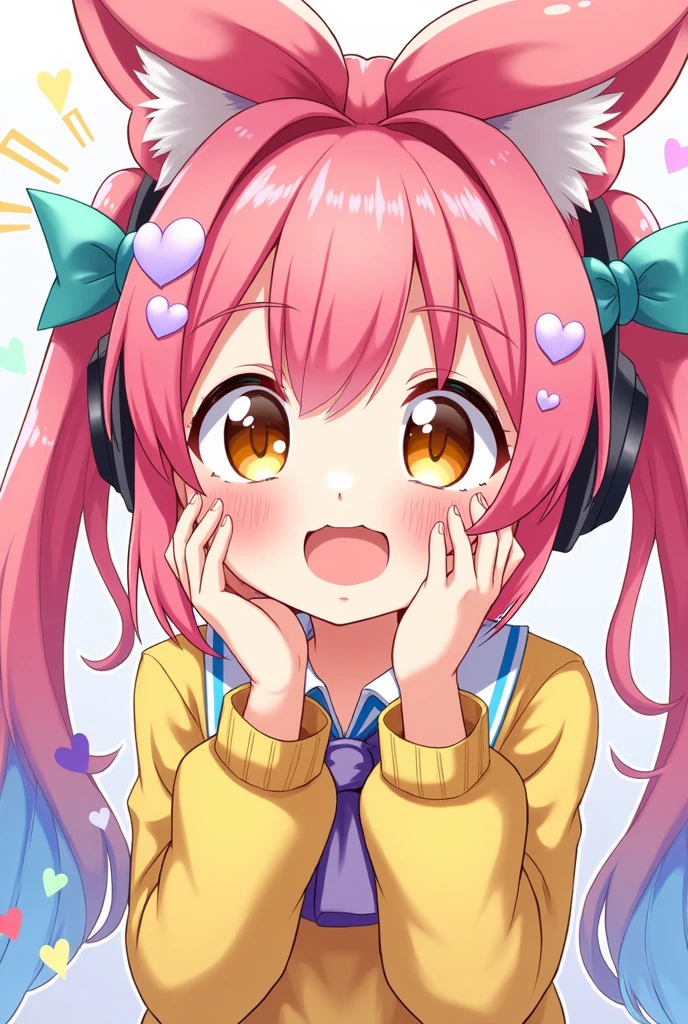 大きなribbonのVtuber.Golden Eyes, Colorful Hair, Bangs, Twin tails, Animal Ears, Blushing, Open your mouth, Drooling, Droopy eyes, I want to cry, Red face, Long tongue sticking out、Heart-shaped eyes, Fatty face,Japanese illustration style, ribbon, earphone,