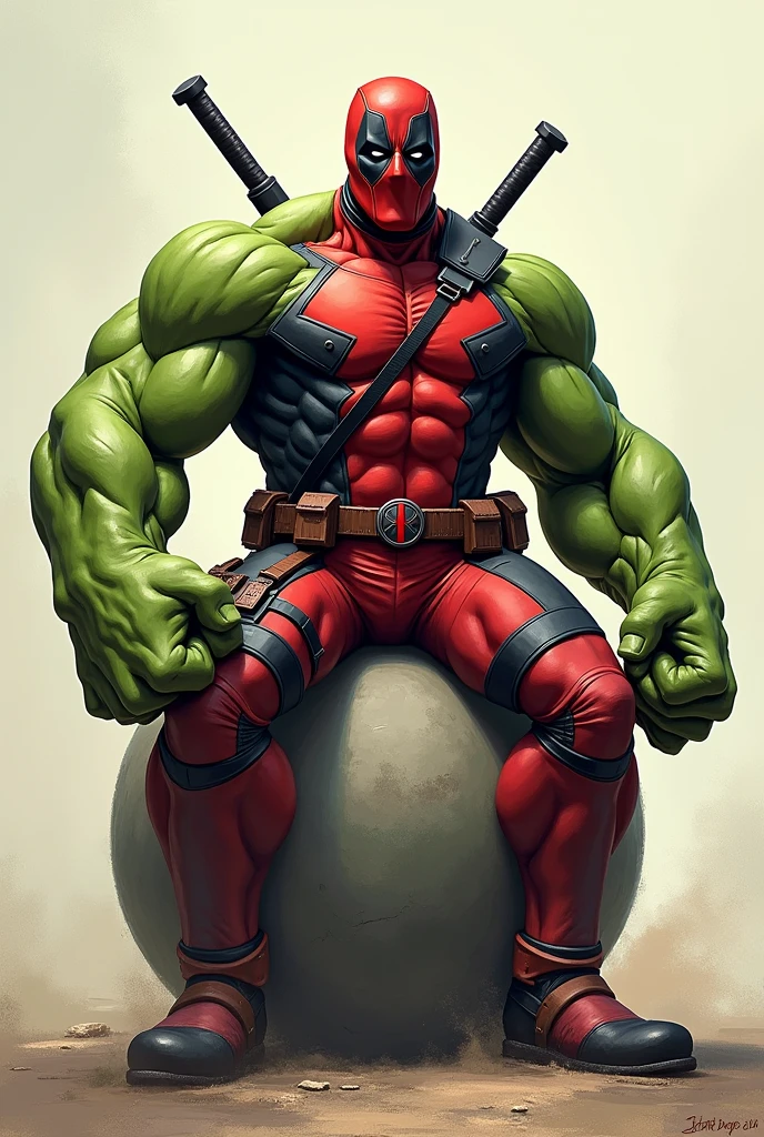deadpool as hulk sitting on a boll