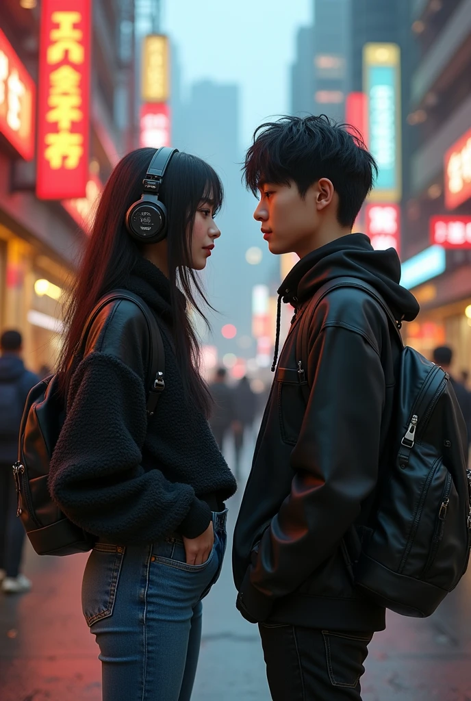 (photorealism:1.2), (cyberpunk), A couple of gothic korean young girl and young man starring eachothers in the public area, headphones, backpack, wearing thight sweater pressing on the body and rocker jeans, sneakers, ((realistic)), intricate details, warm colors, by Greg Rutkowski, by Alphonse Mucha