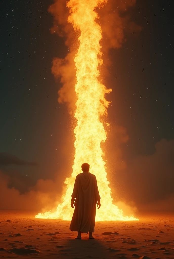 Image size 16:9 of a man dressed in ancient clothes in the middle of the desert at night while looking in awe at a 30-meter pillar of fire