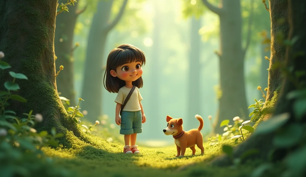 Give me a 3d picture in which margo and doggy in a forest and there is lot of silence