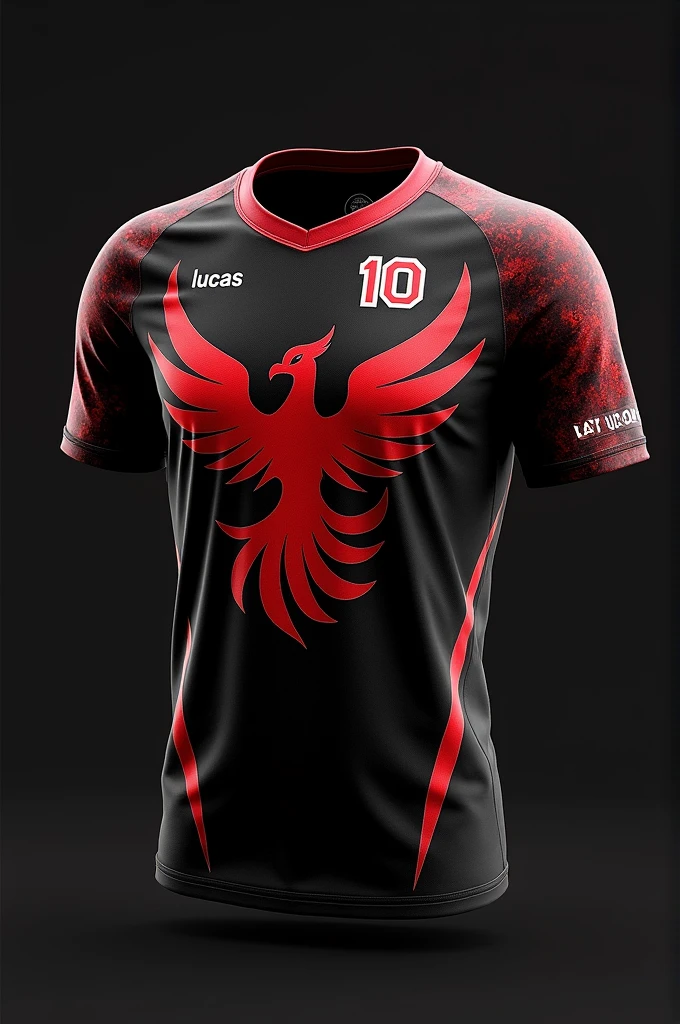Make an image of an interlayer shirt with a black background and red details, with the phoenix mascot and phoenix wing on the shirt, the shirt on the front with the name “Lucas”, and the number “10”