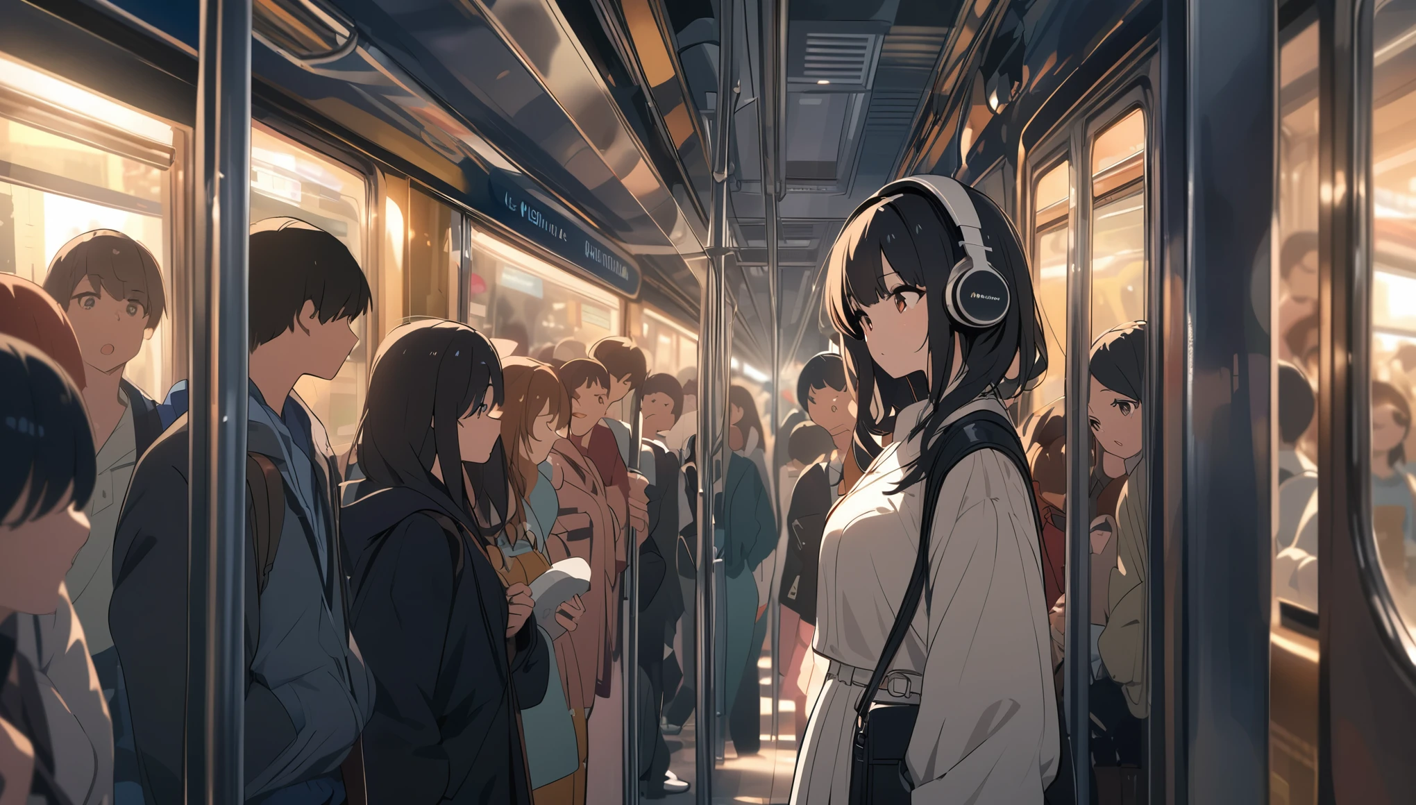 A woman with black hair and cute clothes standing on a crowded train,Streetscape、Listening to music with headphones、Japanese