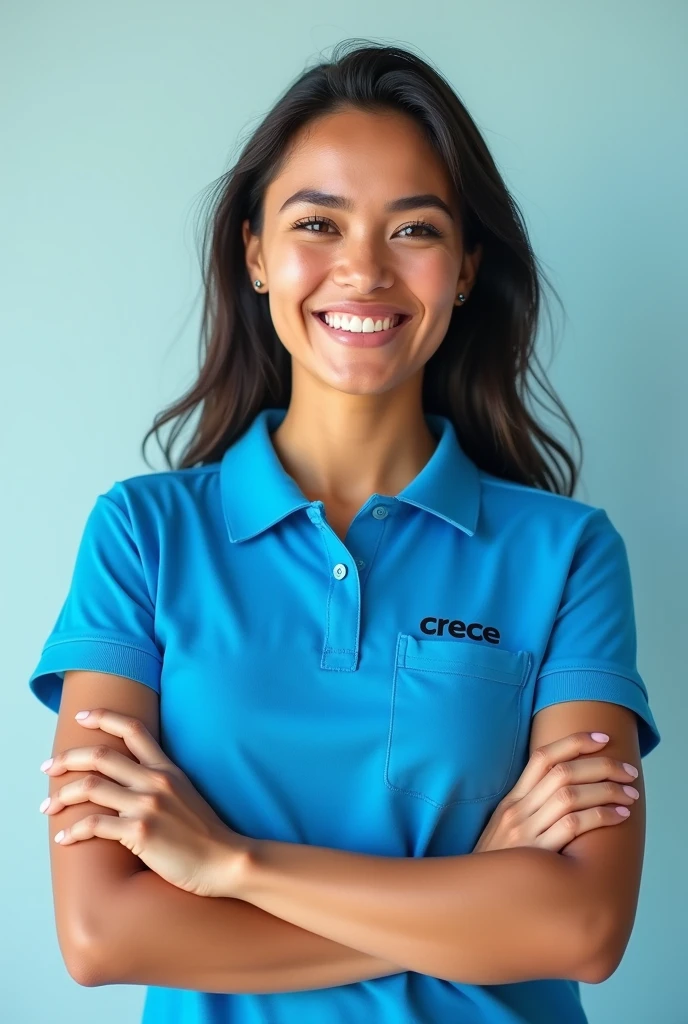 A young Latina lady wearing an electric blue polo shirt with the word CRECE MASS printed on the pocket. She must be smiling and with her arms crossed.