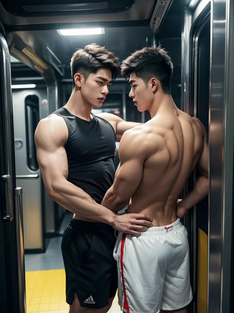 (Two masculine men in empty metro train), ((one is medium height handsome 20 year old korean bodybuilder man with cute face, standing in front, shocked expression, tight booty shorts,), (another one is tall handsome 30 years old horney Korean man, firmly grabbing the first mans body from behind, one hand on the stomach another is in the shorts)), sexy, gay, homoerotic, looking at the viewers, very handsome, perfect facial features, sexy gaze, well defined muscles, perfect bare body, cinematic lighting, cinematic shadows, full body, fill frame, highly detailed, intricate details, photorealistic, sharp focus,