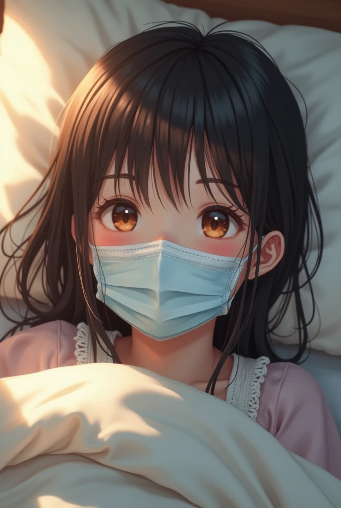 masterpiece, best quality, highres, realism, cute girl wearing surgical mask, wake up on bed, bang hair, bright skin, Japanese