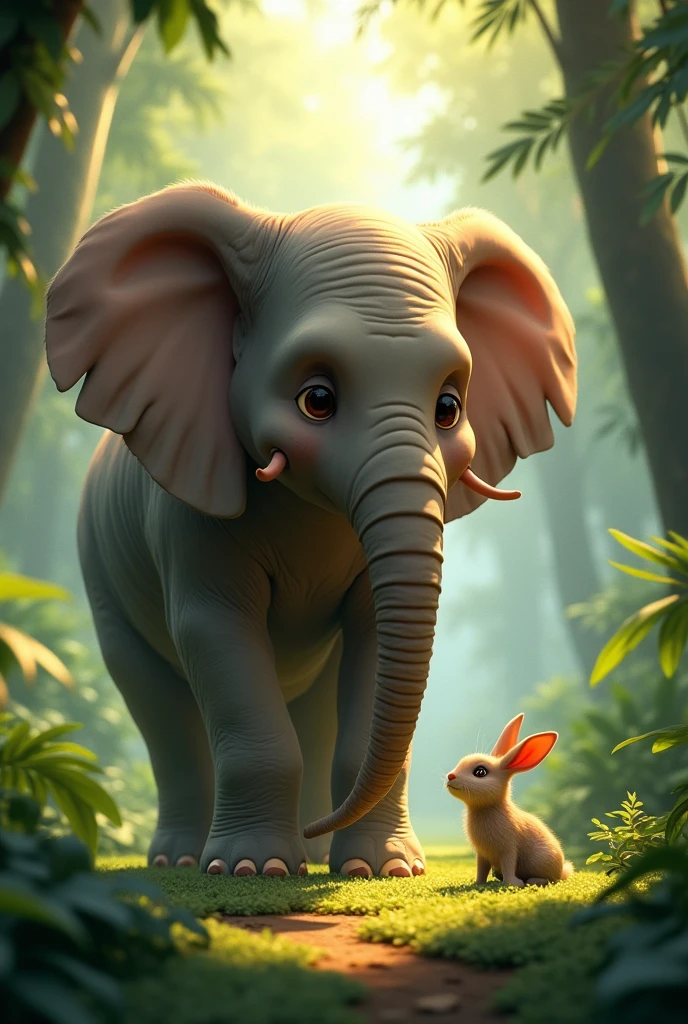 Hathi aur Khargosh ka Milna**: A vibrant jungle scene with tall trees and lush greenery. In the center, a large elephant and a small rabbit are meeting each other. The elephant is smiling warmly while the rabbit looks curious.


Hathi aur Khargosh ka Milna**: A vibrant jungle scene with tall trees and lush greenery. In the center, a large elephant and a small rabbit are meeting each other. The elephant is smiling warmly while the rabbit looks curious.
