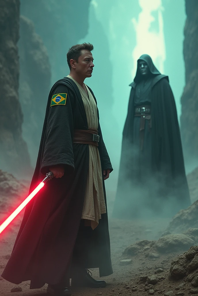 Create an image with Elon Musk's Star Wars Obi outfit with a Brazil patch facing Voldemort in a battle