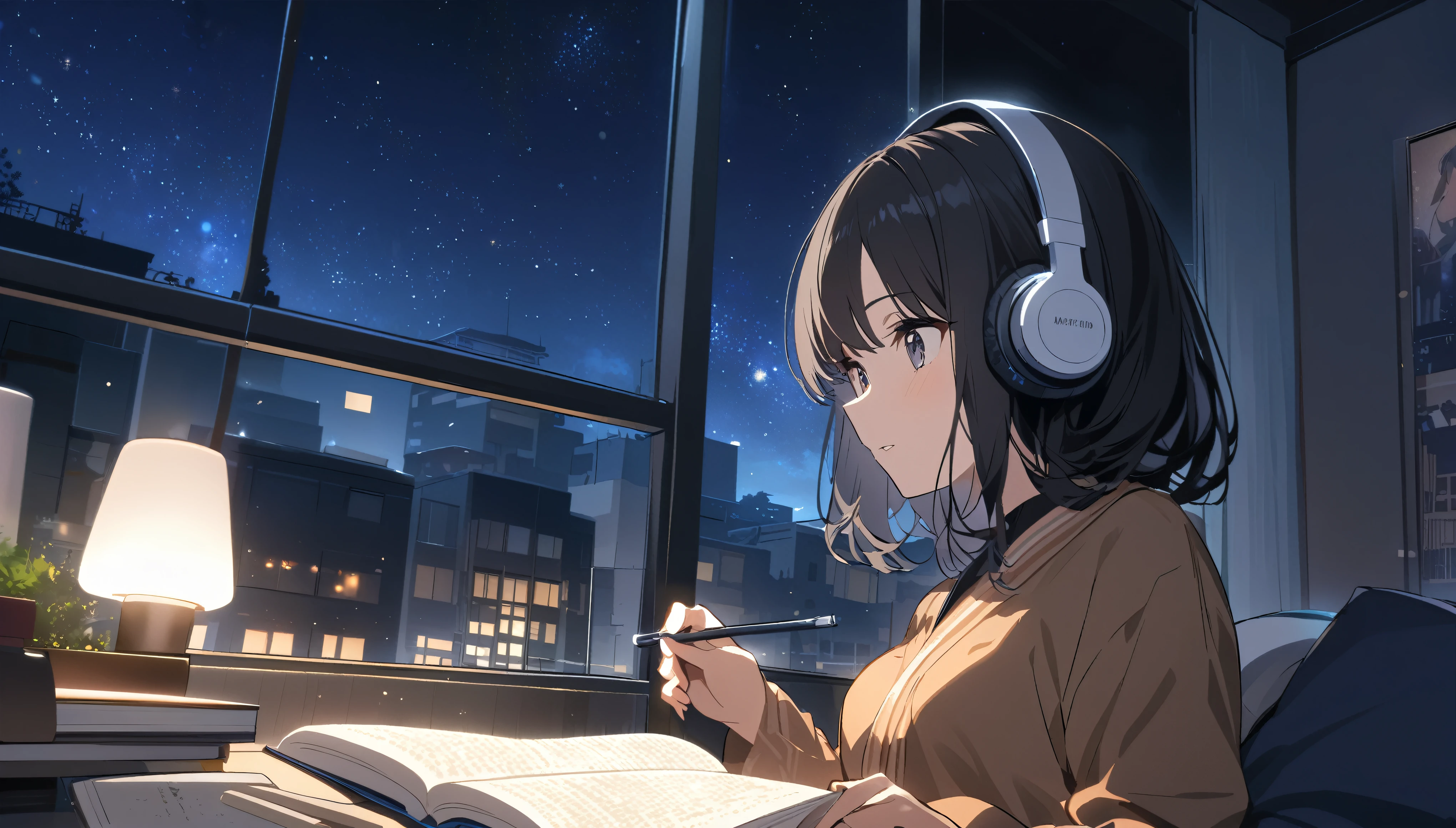 A black-haired woman wearing headphones reading a book in her room,Night starry sky,Streetscape、listen to music、Japanese