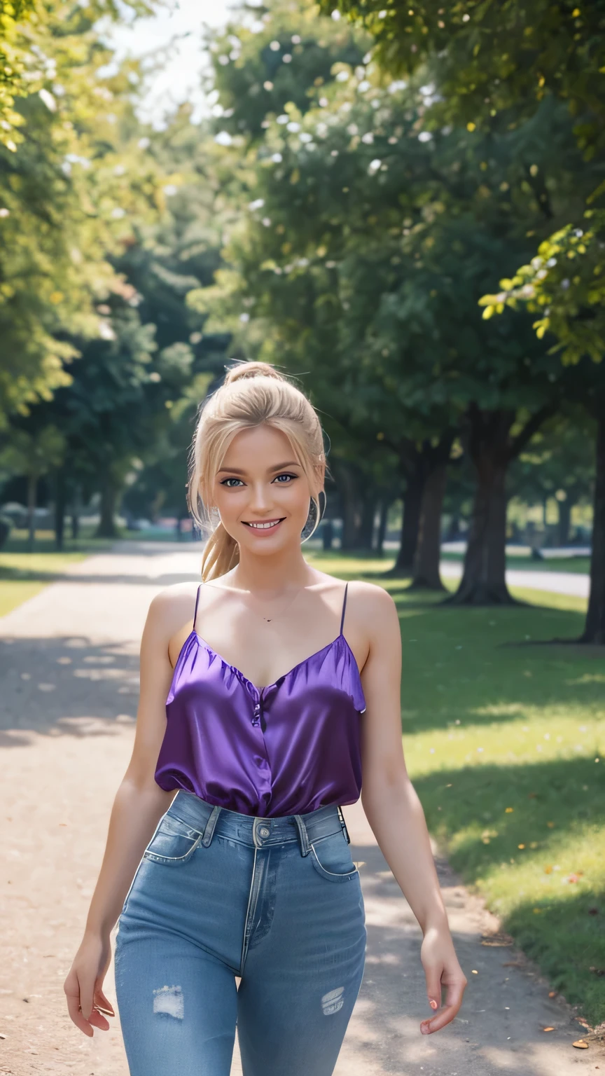 Realistic full body photo of a smiling, beautiful blonde woman, ponytail hairstyle, She dances in front of the camera in a spaghetti strap blouse made of purple satin and tight jeans ...., Park,glamour fotoshooting, Park, perfect anatomy, perfect blue eyes. Perfect hands with 5 fingers on each hand, Suitable woman, look into the camera, 1 Frau. (Eye make up:1.1), (highly detailed skin:1.1), spirit, analog style, keen focus, 8K UHD, dslr, good quality, Fujifilm XT3, Grain, Award-winning, masterpiece. Park