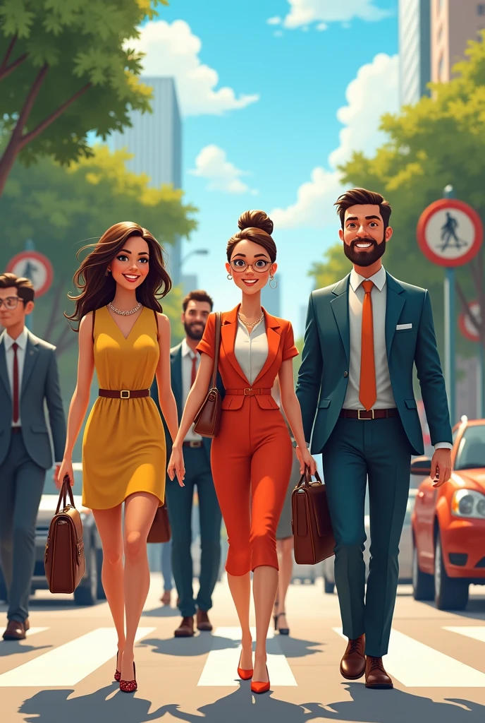 Men in formal clothes with briefcase, women in modest colorful dresses and handbags, walking through the streets, everyone happy. And that there are parking signs, with animated illustrated theme.