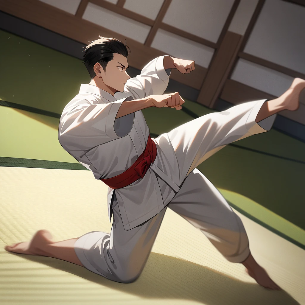 Create an image of a karateka performing a dynamic martial arts move. The karateka should be wearing a traditional white gi with a colored belt, demonstrating a high kick or powerful punch. The background should be a dojo setting with a tatami mat, but with a clean and focused composition that highlights the action and technique.