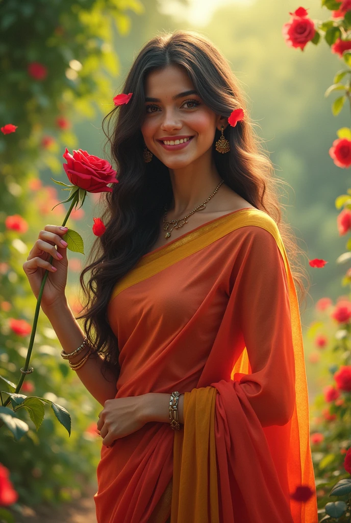 A cute beautiful woman 2 in seeker colour  saree,in right hand red rose, in a garden,her face is smiling, her long shinny hair is flying, on hair some red rose on her cheeks dimple 