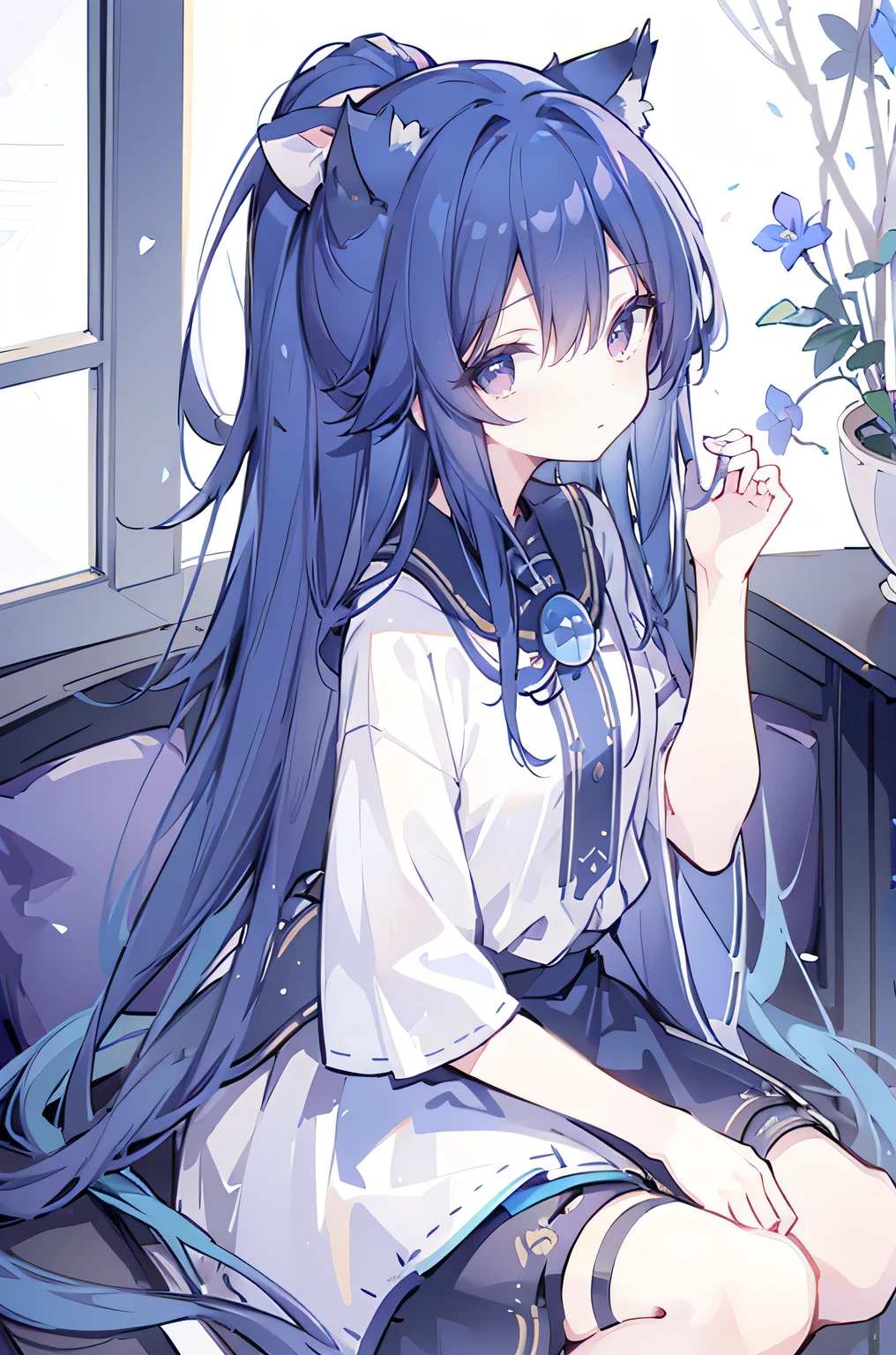 (Masterpiece:1.2)，Ultra-detailed，lifelike，The eyes are expressive，Fair skin，Perfect face shape，1 girl，Japanese Manga，Gorgeous blue hair，Flowing blue hair，Flowing clothes，Cat ears，Petals falling，Shy face，sitting on window，Place your hand on your lips,masterpiece, absurdres, novel cover, cover illustration, 1girl, solo, dark blue-haired ponytail, mage robes, flower background, clock background, monochrome, line drawing
