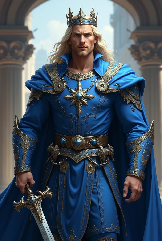 Make an 1 blonde, light blue eyes, Prince. Blue clothes and silver crown. He with a sword and a serious face