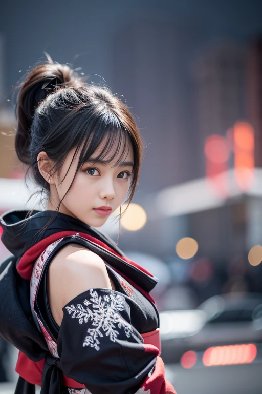 Adult Girl, Short black hair, High Ponytail, Brown eyes, , Blue ninja kimono, uhd,No sleeve, Below zero, cold, ice, Blizzard, Battle Axe, masterpiece, high quality, 4K, High resolution, Well-made down to the last detail,sfw,Beautiful pose,hip up,A breathtakingly beautiful body、