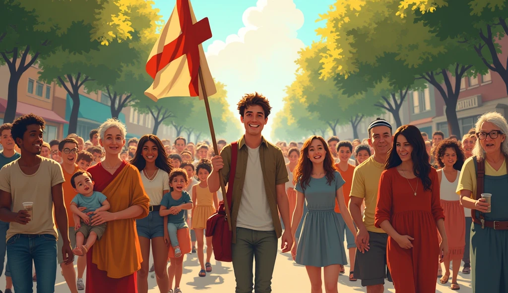 A group of people walking in a peaceful parade, people with children on their laps and elderly people, happy young people, Happy families, a Cross on a flag carried by a young man, a man with kipah.