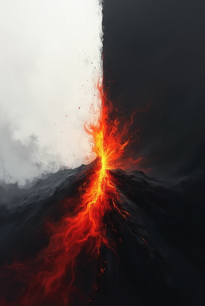 A background with black and white that is divided in an inclined way so that black flames come out in vibrant colors 