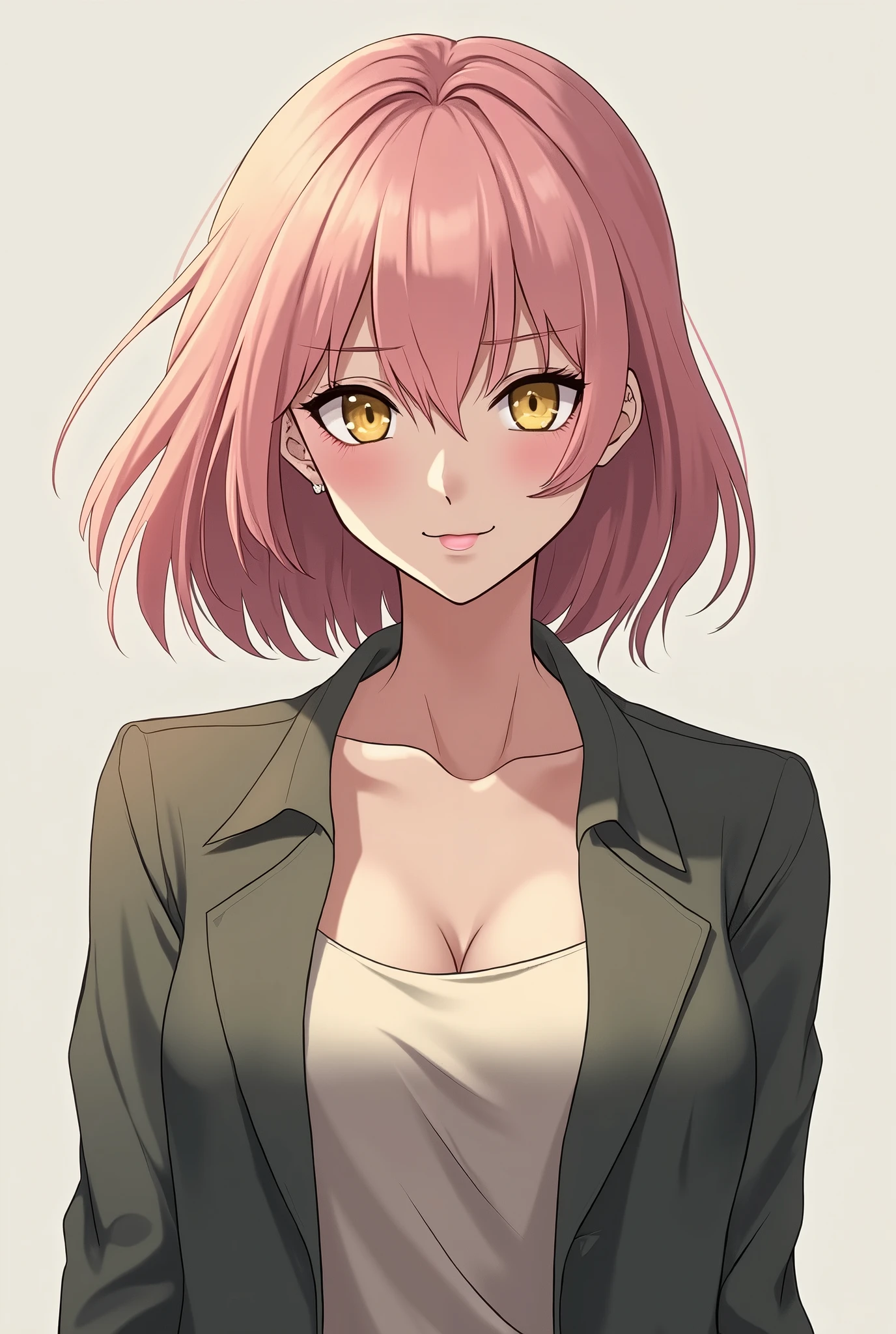 Create an image of a beautiful adult anime woman in her 40s. She should have dull light pink hair in a bob style. Her eyes are dull yellow. The woman is dressed in casual clothes and smiling with a provocative expression.
