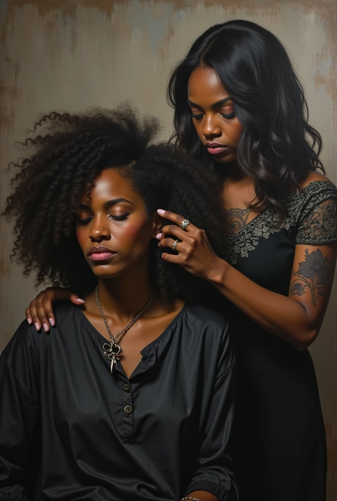 Make a sad black woman who has curly hair and is having her hair straightened by another white woman with straight hair.